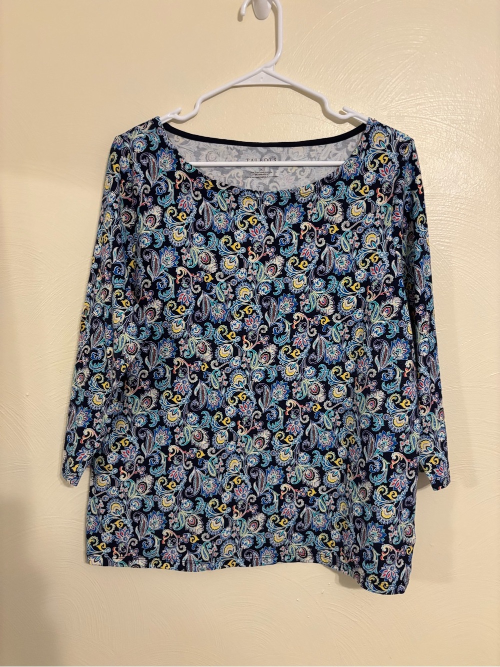 Talbots Woman 1X Paisley Floral 3/4 Sleeve Cotton Stretch Top Navy Blue